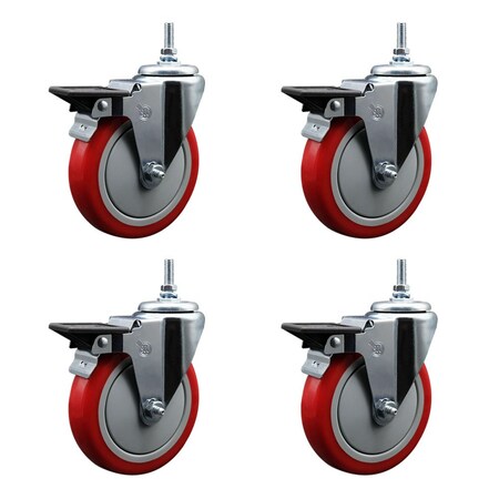 Service Caster 5 Inch Red Polyurethane 38 Inch Threaded Stem Caster Set with Brake SCC-TS20S514-PPUB-RED-PLB-381615-4